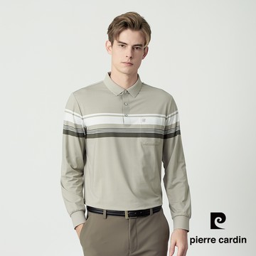 【pierre cardin 皮爾卡登】男款 撞色條紋設計長袖POLO衫-卡其綠色 (5255231-83)