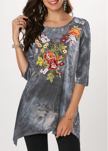 Three Quarter Sleeve Asymmetric Hem T Shirt