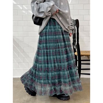 cp春夏季新款 四色入 高腰格子薄紗A字裙女花苞裙半身裙