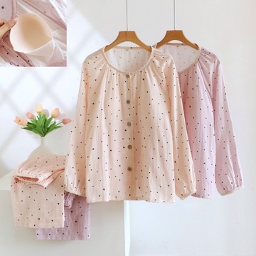 帶胸墊純棉睡衣女款春秋夏季全棉長袖長褲棉紗布家居服可外穿套裝