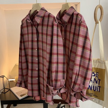 品質絕絕子 格子襯衫女長袖V-4夏季新款復古港味百搭寬松氣質襯衣