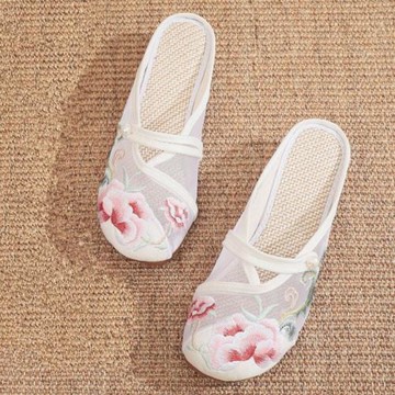 新款夏季時尚居家網紗民族風外穿包頭繡花拖鞋女古風漢服鞋子涼拖