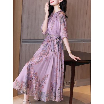 真絲連衣裙女夏季2025年新款高端氣質大牌紫藤裙紫色桑蠶絲長裙子