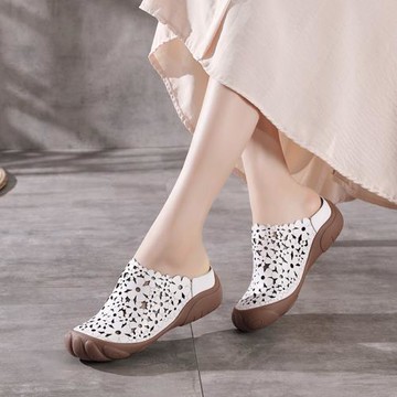 個性復古時尚五趾底半拖鞋森女系手工花朵鏤空文藝女鞋真皮涼拖鞋