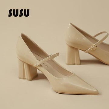 一字扣帶高跟鞋女秋季粗跟漆皮氣質伴娘法式瑪麗珍仙女風少女單鞋