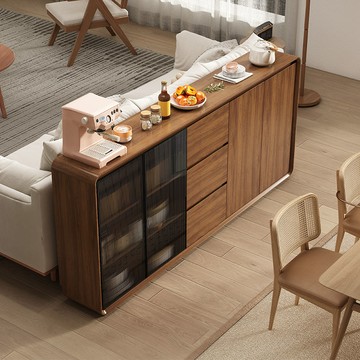 免稅開票 窄邊櫃 廚房餐邊櫃靠墻一體儲物櫃客廳新中式小戶型超薄簡約胡桃木色櫃子SS61公司貨