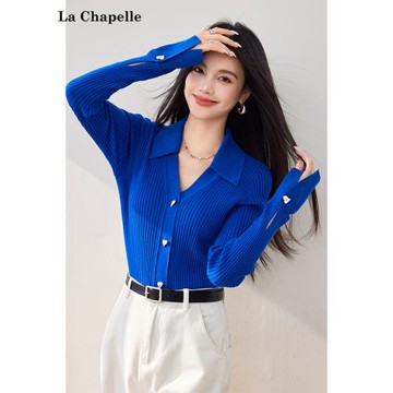 拉夏貝爾/La Chapelle2025年秋季新款純色Polo領針織衫修身上衣女