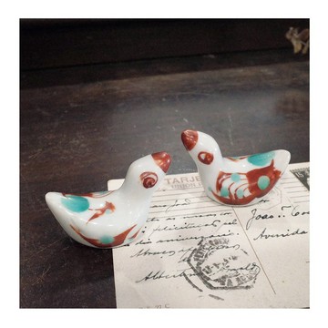 日本老件.昭和時期紅色手繪小鳥筷置.筷架.高3.5cm.二入#擺件收藏