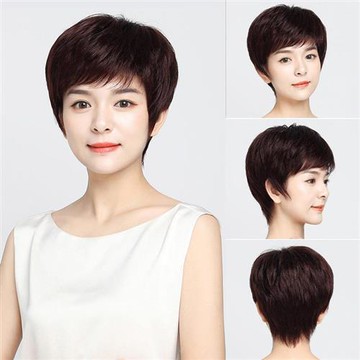 【米蘭精品】整頂假髮全真髮短假髮-清新斜瀏海自然直髮女假髮2色74ea19