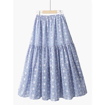 秋冬文藝小清新高腰顯瘦百搭a字裙棉質鏤空刺繡拼接中長款半身裙