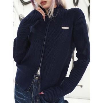 賽小懶純色雙拉鏈修身彈力外套女春季立領針織衫上衣辣妹顯瘦毛衣