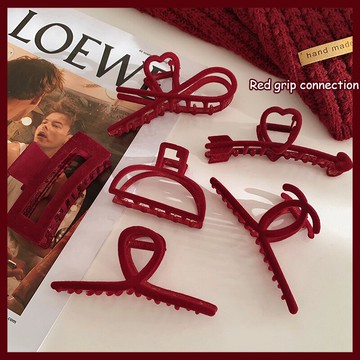 秋冬植絨抓夾女大號發夾后腦勺鯊魚夾子網紅新款紅色發飾過年頭飾