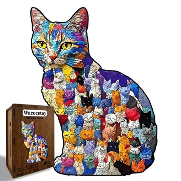 Wacocetoy跨境猫咪拼图彩色小猫不规则拼接玩具解压木质异形拼图新品 便捷 熱賣 輕盈