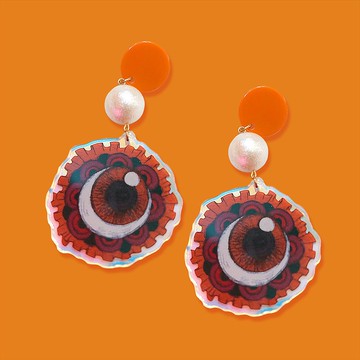 橙色棉花珍珠眼球圖案亞克力耳環