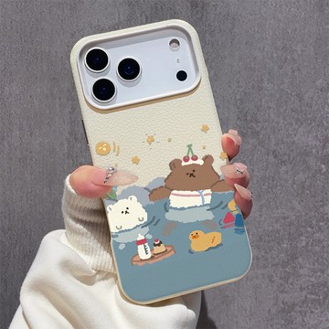 泡溫泉小熊 適用iPhone17promax手機殼 蘋果16柔軟親膚15plus大孔14皮紋13軟殼12/11保護殼