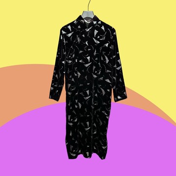 二手 古董訂製 黑色 絨布 膠印 開衩 長袖 旗袍 CA410