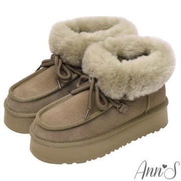 Ann’S防潑水鍍膜-真皮真羊毛低筒翻毛綁帶增高厚底雪靴4.5cm-綠(版型偏小)