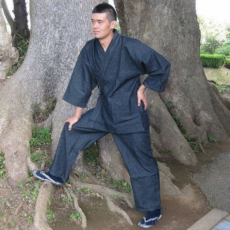 江戸てん作務衣 デニム生地 （綿100％）しっかりしているのに柔らかい さむえ 柄入り 通年 メンズ にらみ龍 黒 LL 