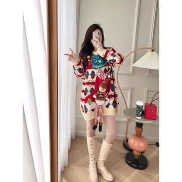 圣誕節新年紅色喜慶雪人毛衣女秋冬拜年服小個子中長款加厚連衣裙