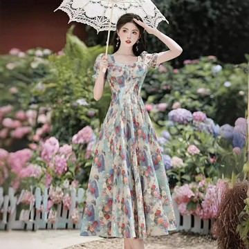 【巴黎精品】現貨+預購 長洋裝連身裙-泡泡袖復古油畫碎花女裙子v1bq1