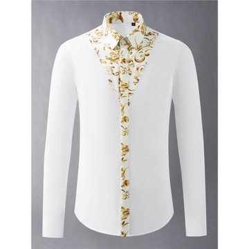 歐美潮牌春秋宮廷風印花拼接棉質修身長袖襯衫男高端商務休閑襯衣