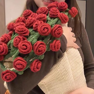 (成品)山茶花花束毯子免手工毛線鉤織玫瑰送女友朋友生日禮物家居