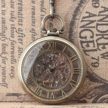 新款青銅色男士無蓋透光機械懷表時尚復古上發條掛表中老年禮物表1入