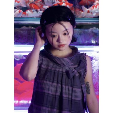 高領無袖蝴蝶結短款格子純棉套頭
