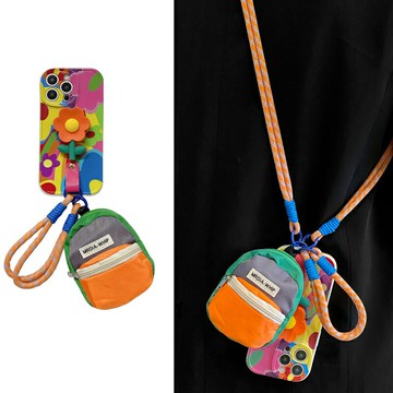 彩色涂鴉花朵支架適用于三星S30手機殼S24Ultra腕帶S23+創意S22小書包S20個性A55斜跨繩