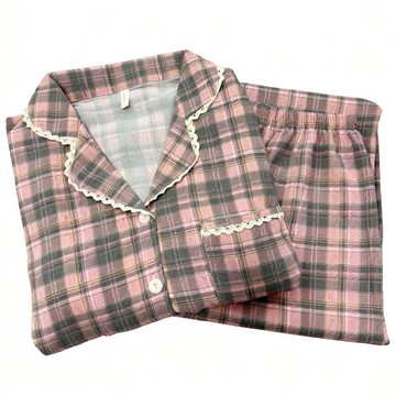 台灣出貨 秋冬睡衣女 棉細紗睡衣 復古格子家居服雲朵棉細紗帶胸墊兩件套ins風條紋睡衣秋冬款長袖