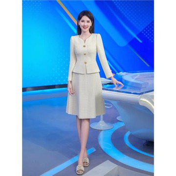潛貝貝米色主持教師西裝職業套裙女2025早春小香風時尚通勤兩件套