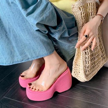 網紅風外穿厚底坡跟涼拖鞋女2023夏季新款松糕底時尚高跟一字拖鞋