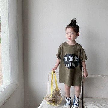 Mini baby🌷女童T恤夏季兒童前後印花純棉短袖連衣裙韓版童裝寬鬆長款t裙