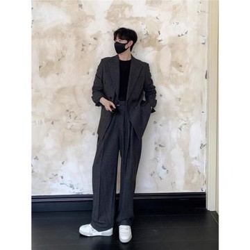 大吳小吳 羊毛休閑西服套裝男秋冬季韓版寬松灰色西裝外套痞帥潮