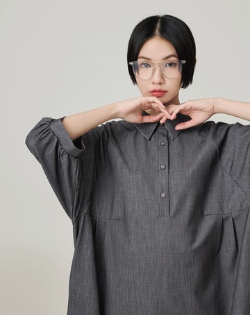 澎澎袖半開襟柔軟仿牛仔洋裝(兩色)