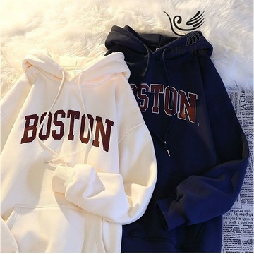 YLIE 韓版 BOSTON字母印花連帽衛衣 情侶款 秋冬季ins百搭潮流上衣男女 連帽衫 連帽t 男 帽t 長袖帽t