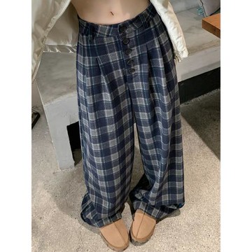 藍色格子毛呢慵懶風西裝褲子女秋冬季2025新款高腰寬松直筒闊腿褲
