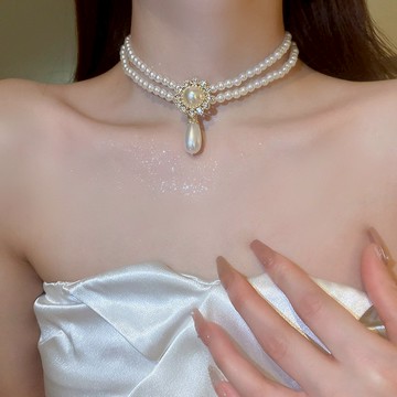 復古雙層花珠項鍊女奢華簡約新潮氣質配飾