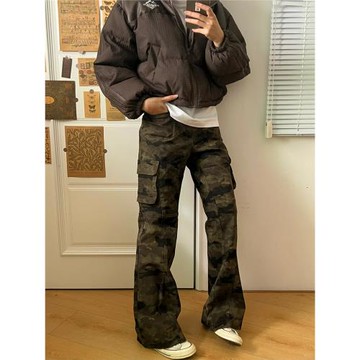 ZLAYCO美式復古迷彩多口袋修身工裝褲嘻哈直筒顯瘦微喇褲男女