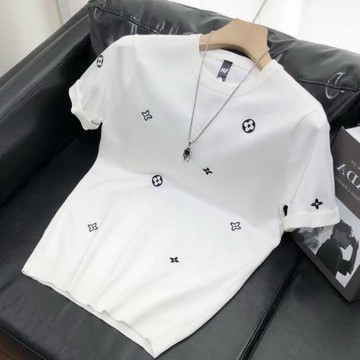 2025春秋新款短袖毛衣男針織衫t恤修身圓領潮牌網紅小伙半截袖男t