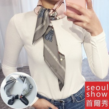 seoul show首爾秀 繩穗方領巾仿真蠶絲緞面頭巾雪紡絲巾