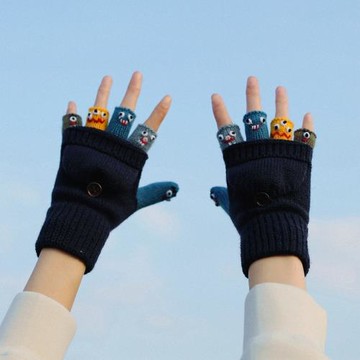 手工の可愛表情少女翻蓋毛線手套針織露半指秋冬學生寫字創意搞怪
