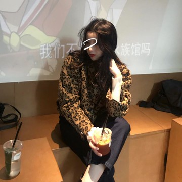 經典豹紋短外套chic翻領夾棉加厚長袖保暖上衣女1入