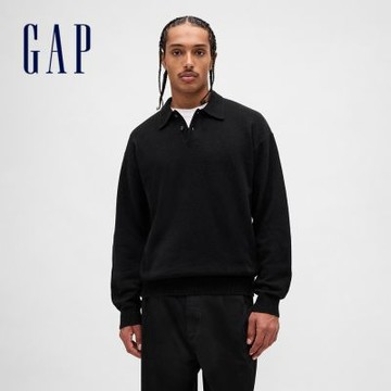 【GAP】男裝|翻領長袖針織衫 CashSoft系列-黑色(839251)