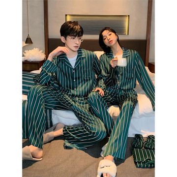 情侶睡衣男女冰絲綢薄款長短袖家居服春秋韓版條紋夏季高級感套裝