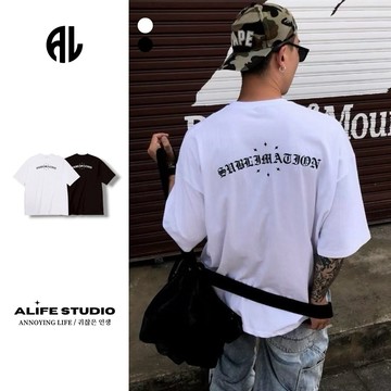 【ALIFE】韓系 歌德 文字 印花 短T 2色 街頭 高級感 寬鬆 落肩 男女 網紅 同款 短袖 上衣 #R010i