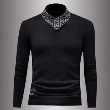 潮牌提花交叉V字立領長袖毛衣男套頭羊毛衫秋冬加厚保暖花領針織