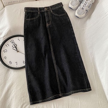 黑色牛仔半身裙女早秋新款可調節設計感高腰中長款a字裙子