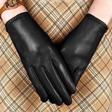 seoul show首爾秀 按釦鬆緊腕口頭層羊皮可觸控女士真皮騎車保暖手套