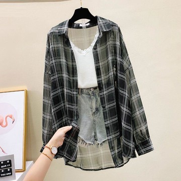 臺灣出貨 免運防曬衣服女夏季長袖雪紡2025新款韓版洋氣百搭薄款外套格子襯衫0911